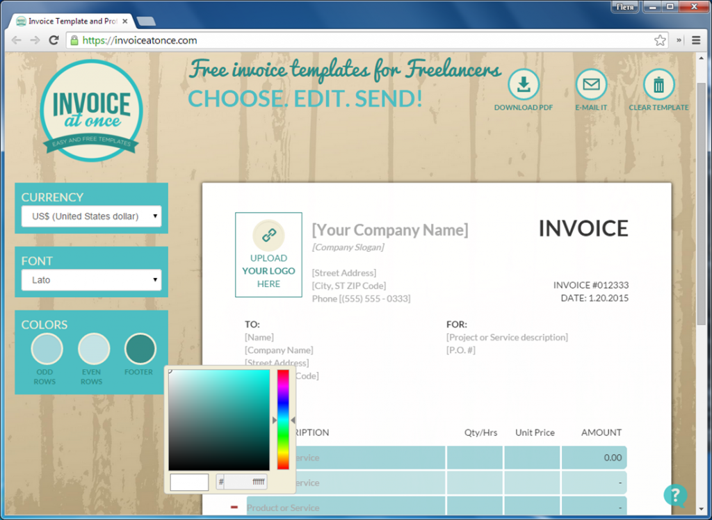 Веб-конструктор инвойсов Invoice at once умеет настраивать цветовую гамму документа