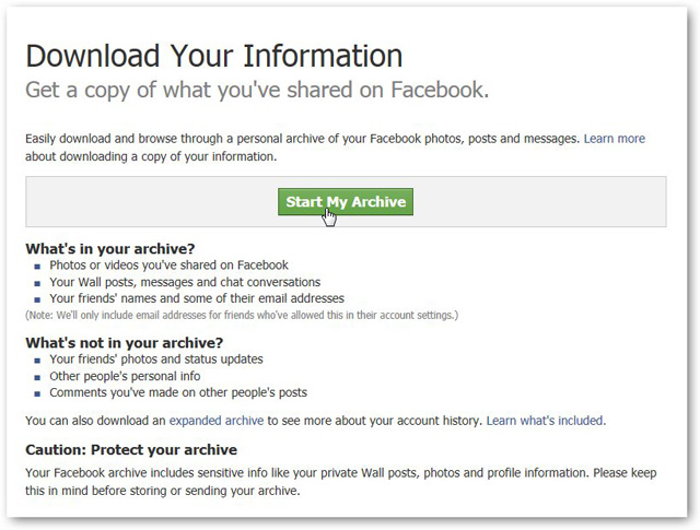 start download archive to recover facebook messages