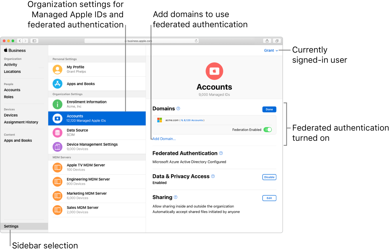 The Apple Business Manager window with Settings selected in the sidebar. The Accounts pane shows a signed-in user with federated authentication turned on.