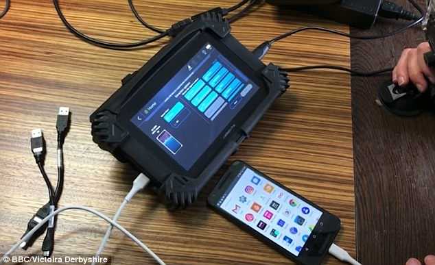 The UK police can download your phone data without a warrant in a matter of minutes, a shocking video has revealed. The footage shows how officers can use a machine (pictured) to extract all kinds of information, including location data, deleted pictures and messages