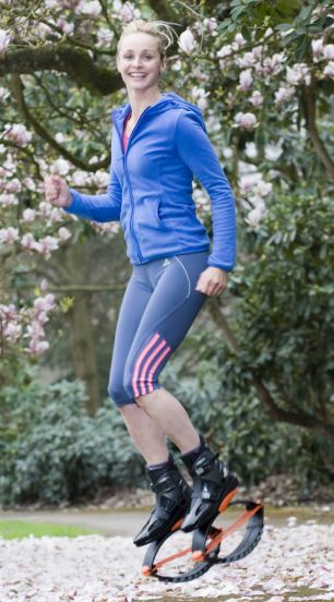 Spring feet: Model Gail demonstrates the spring-loaded sole- the mini-trampolines for your feet were initially invented to help people recover from sports injuries by taking away the impact of running on their joints
