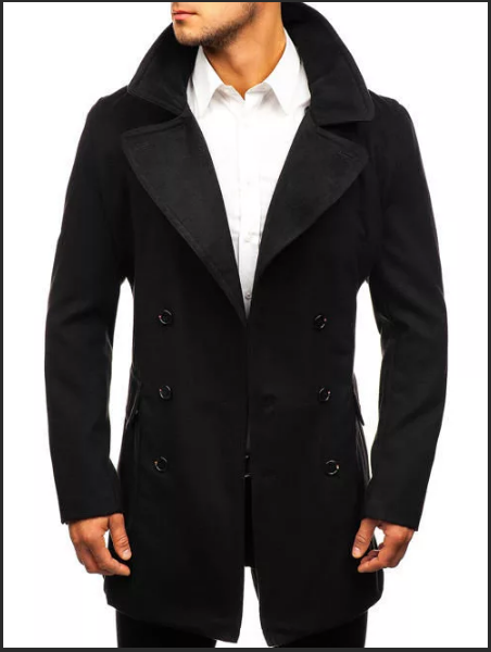 короткое черное мужское пальто и белая рубашка