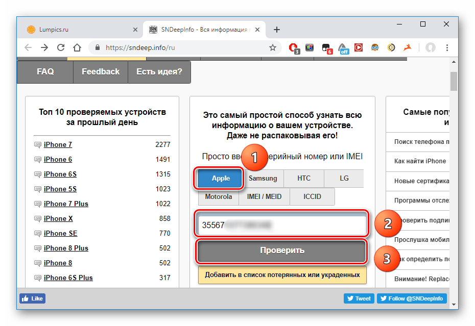 Ввод IMEI iPad на сайте Sndeep.info для проверки