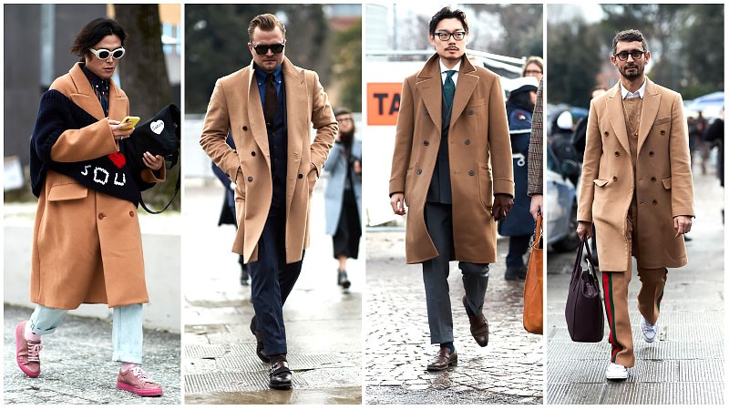 Мужчины в бежевых пальто кемел, мужская мода