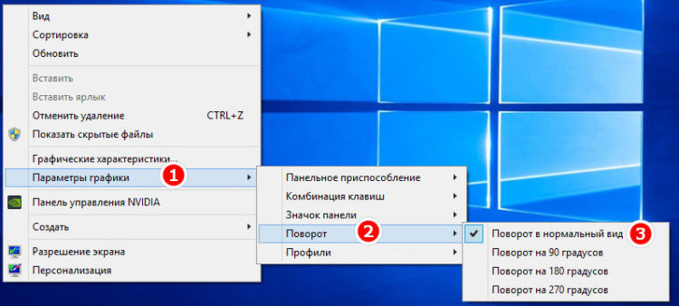 Поворот экрана из контекстного меню Windows