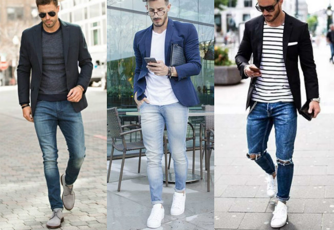 Правильно сочетание пиджака с джинсами. пустые карманы.