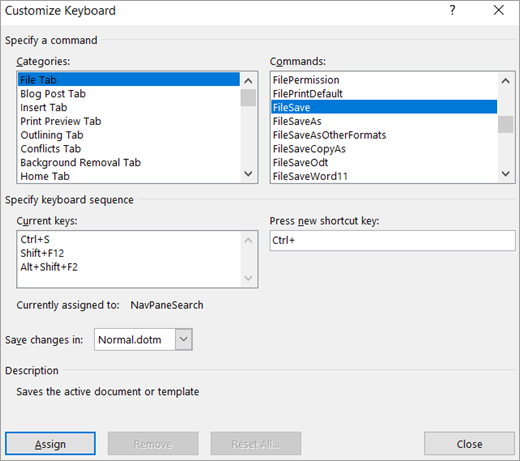 Creating a new keyboard shortcut in the Customize Keyboard dialog box
