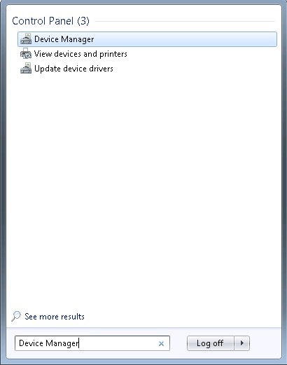  Start menu showing Device Manager text in search field and Device Manager icon in search results