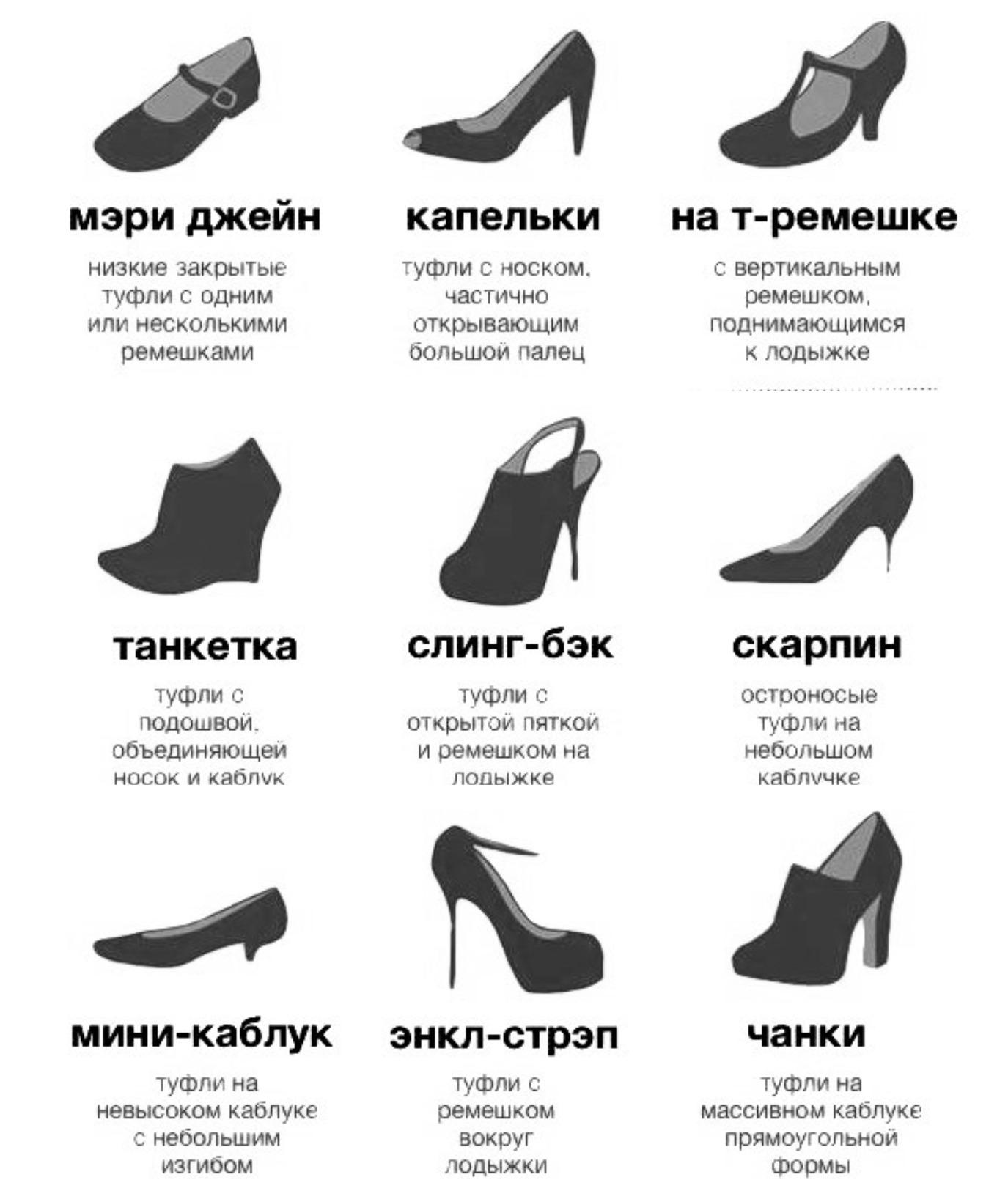 Виды туфель и низких ботинок для женщин