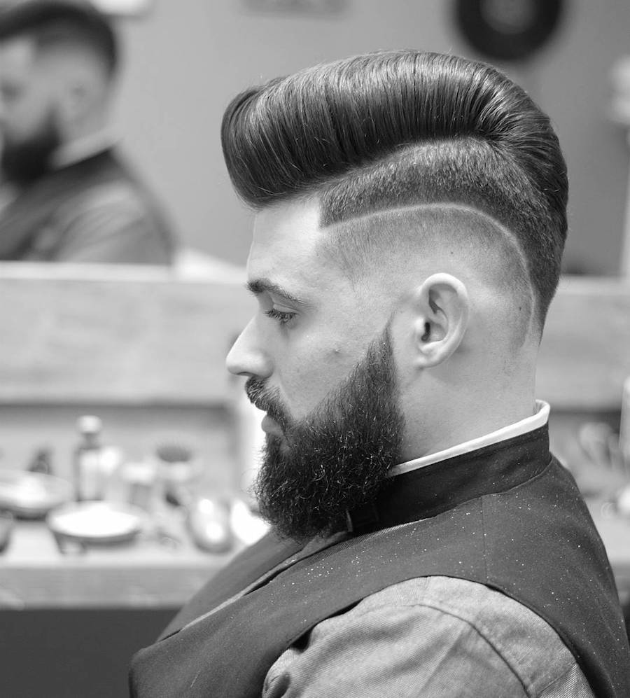 Clean hi lo fade with surgical part and pompadour hairstyle