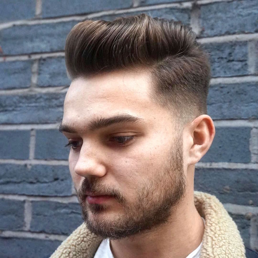 Pompadour side part hairstyle for men in medium length