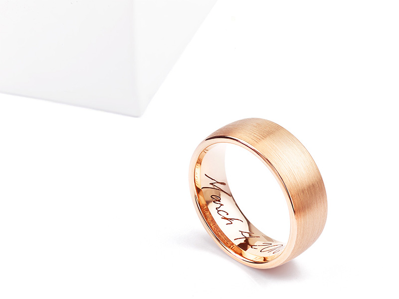 Brushed finish rose gold promise ring with handwritten engraving