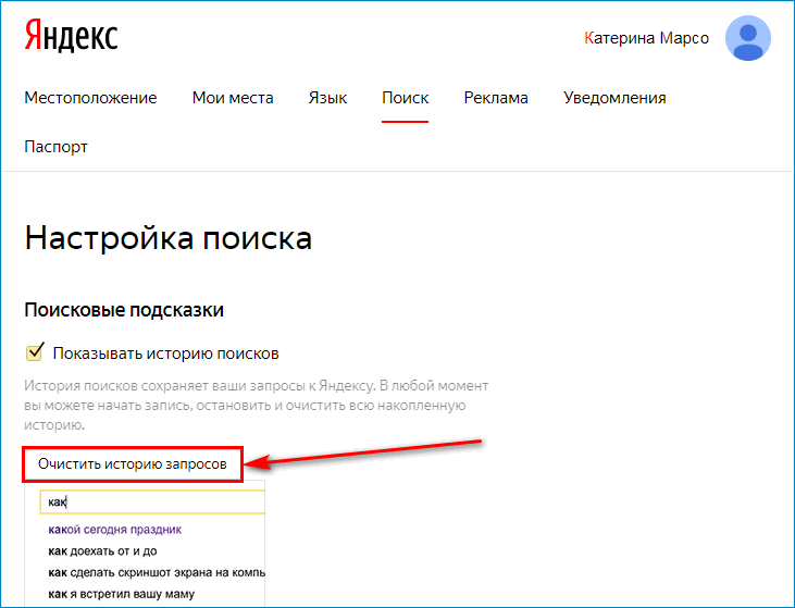 Нажать на кнопку «Очистить историю запросов» в Яндекс.Брауезере