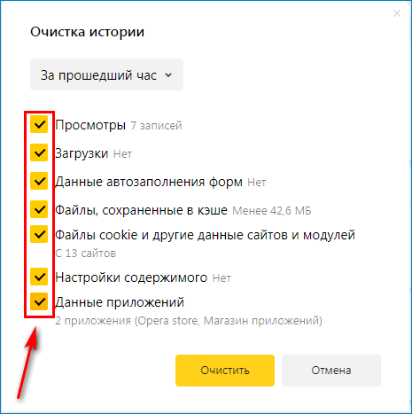 Выбрать данные для очиски истории в Яндекс.Браузере